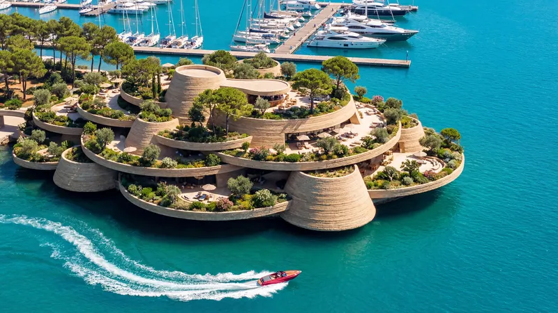 Aerial view of an island resort with stepped garden terraces and a passing speedboat