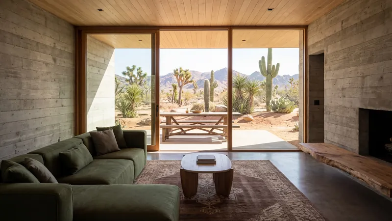 Concrete living room with a green sofa and a glass wall onto a desert garden