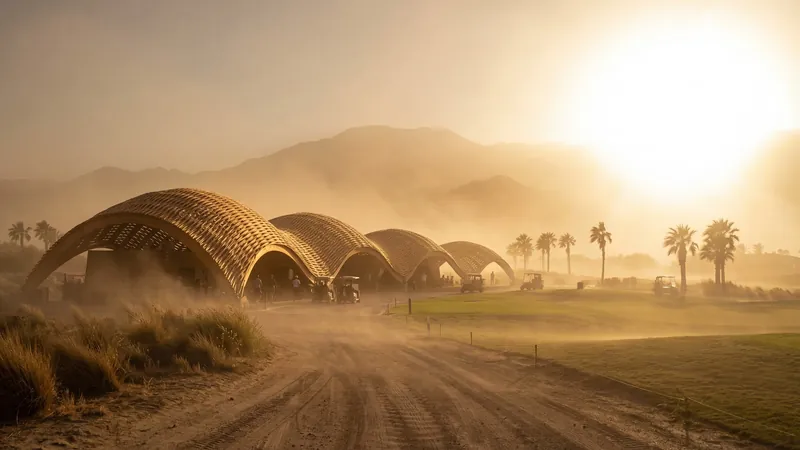 Timber shell pavilions in a dusty desert at sunrise