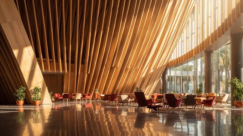 Timber-ribbed lobby with lounge chairs on a polished floor