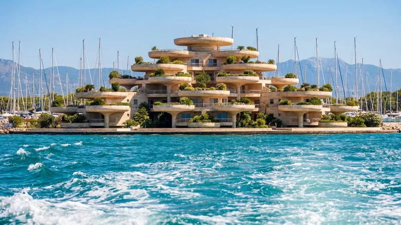 Terraced island resort seen from the water