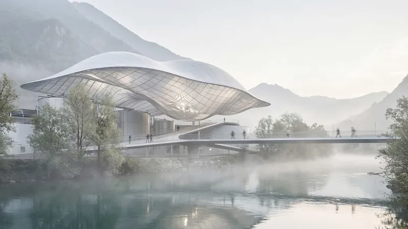 White pavilion over a misty lake