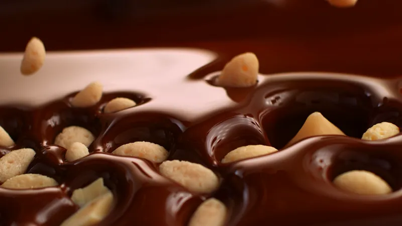 Nuts falling into melted chocolate