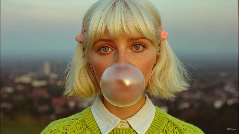 Girl blowing a bubble above a city