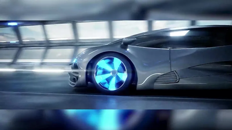 Concept car with glowing wheels in a tunnel