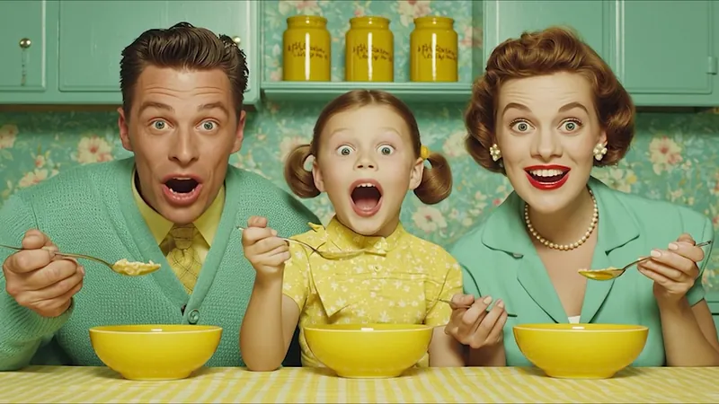 Family of three surprised at breakfast