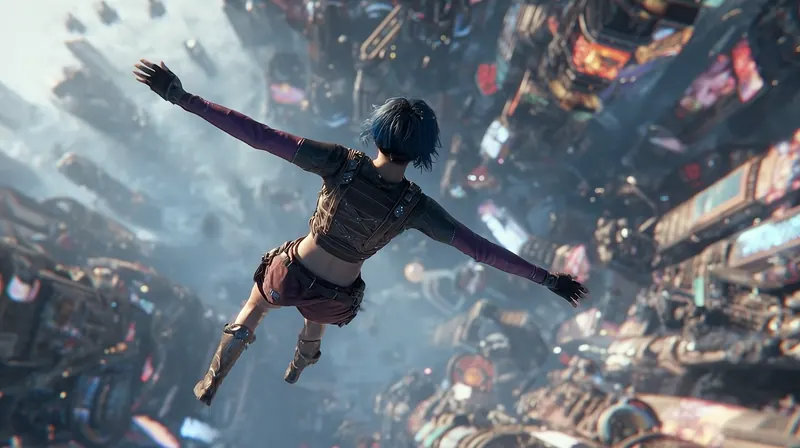 Woman in free fall with arms spread above a dense neon city
