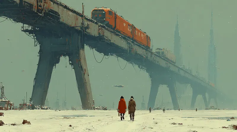 Two people crossing the snow under a train on a giant bridge